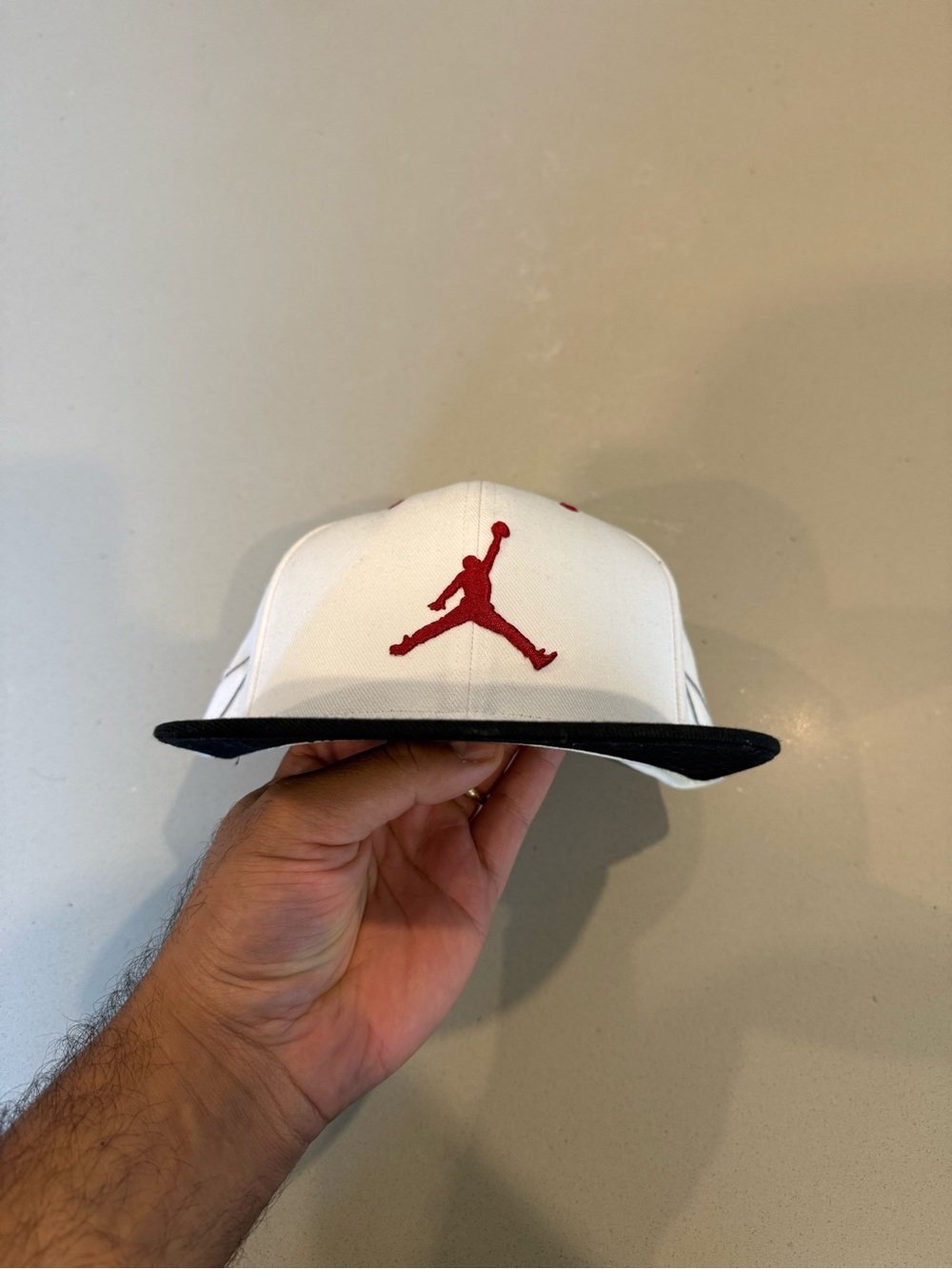 Jordan White and Black Flat Brim Hat with Red Jumpman